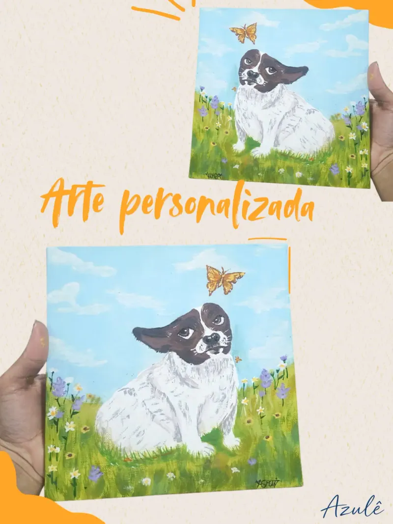 Duas telas pintadas à mão com um cachorro branco e preto num campo de flores